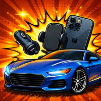 Blue car with phone, charger, and car mount on a dynamic background