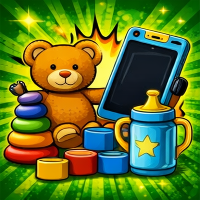 Cartoon teddy bear with colorful toys and a tablet on a green background
