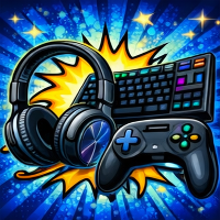 Gaming accessories including headphones, keyboard, and controller on a blue background with stars.