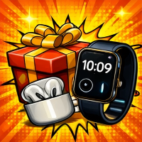 Smartwatch, earbuds, and gift box on a vibrant orange background