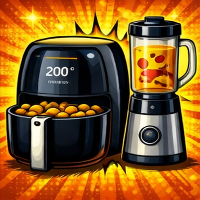 Black air fryer with digital display and a blender with a yellow liquid on an orange background