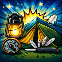 Illustration of a camping scene with a lantern, tent, compass, knife, and feathered item against a mountain and starry sky background.