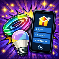 Smart home app on a smartphone with a light bulb and colorful ring against a vibrant background